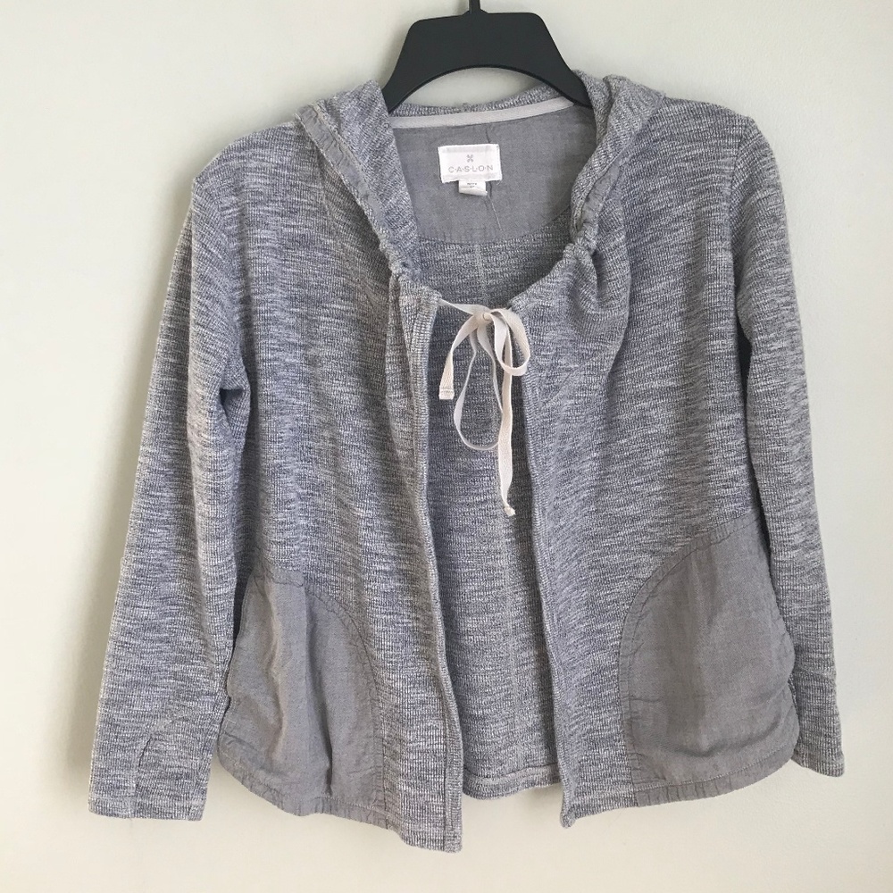 New Caslon Blue Hooded Tie Front Jacket Thumbholes